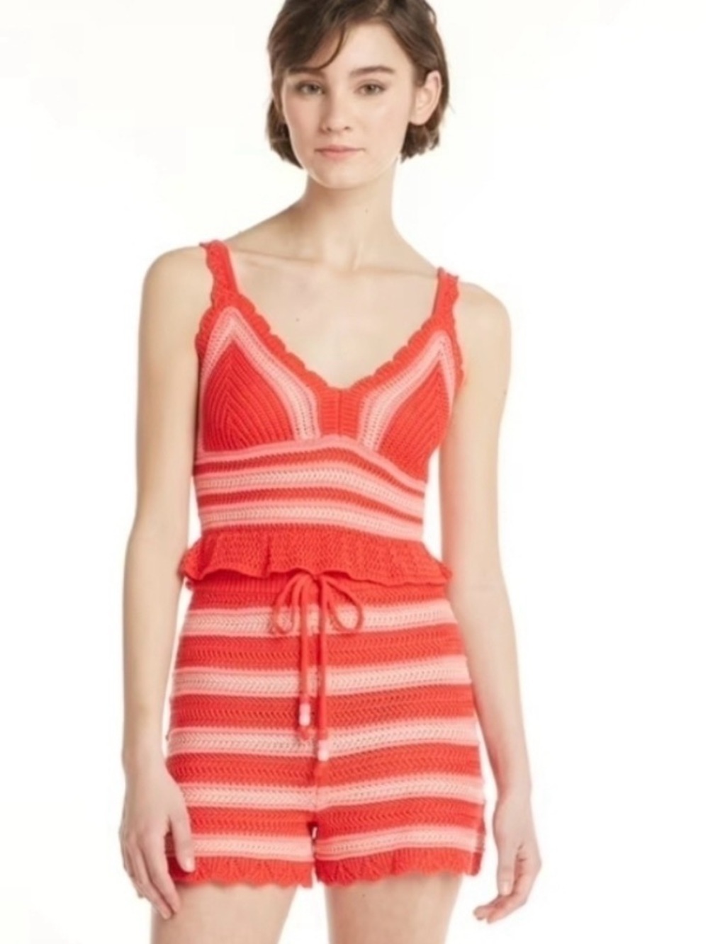 MADDEN NYC Red & Coral Striped Crochet Crop Top and High-Waist Shorts Set SIZE L